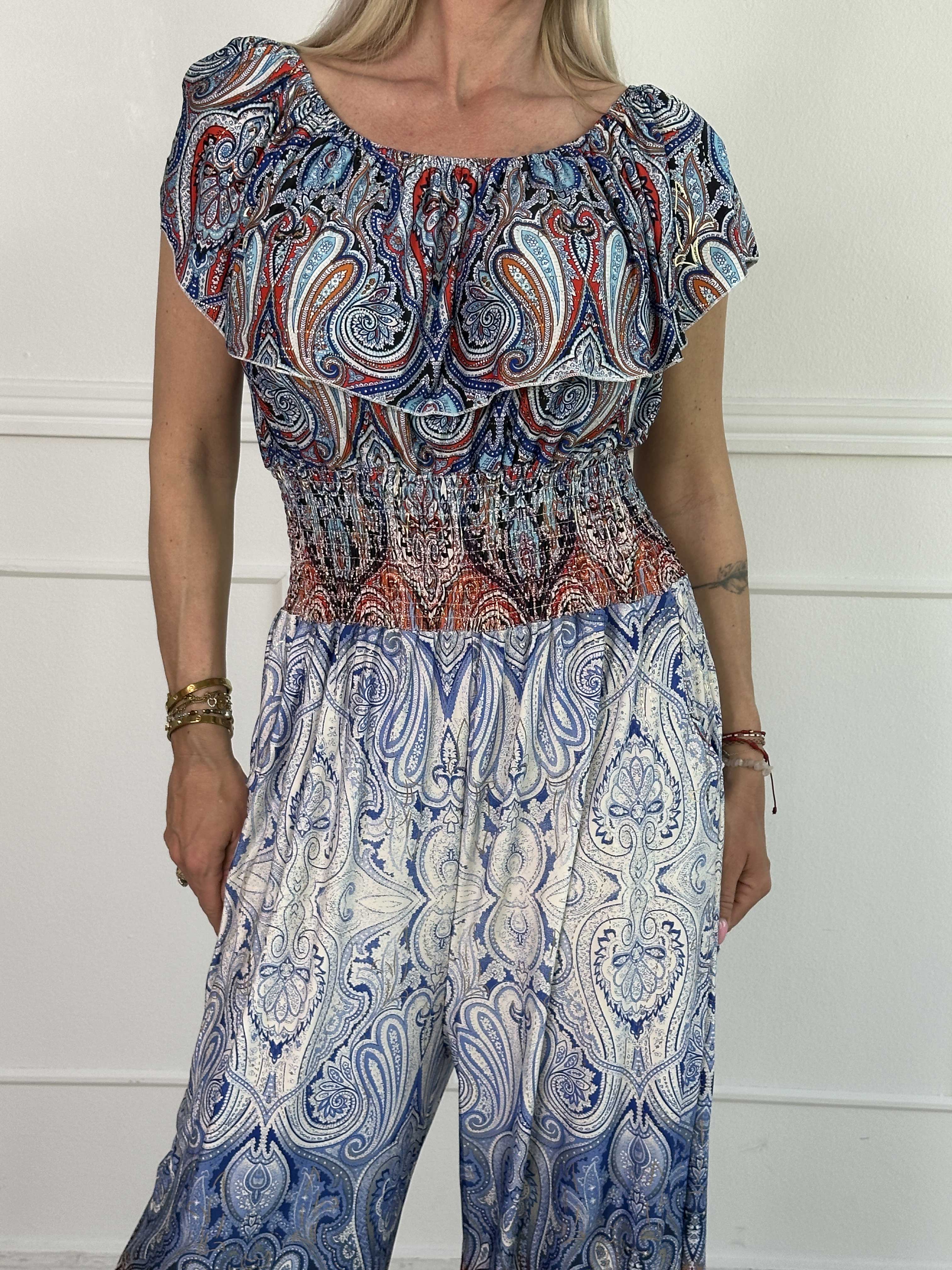 Pams Paisley Frill Jumpsuit - Elastisk buksedragt med smock og flæse